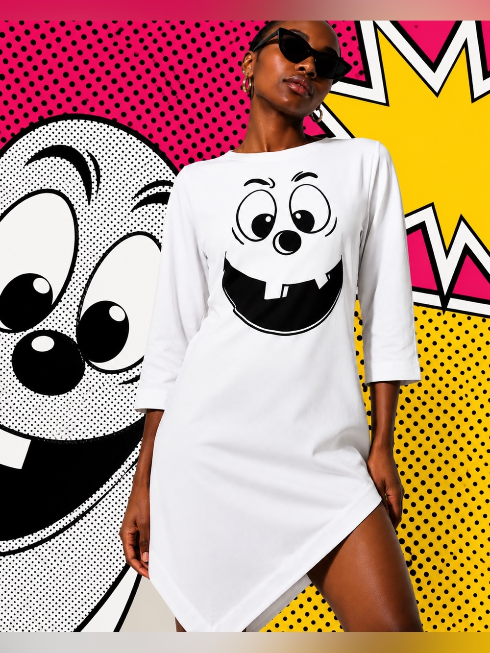 Moschino $813 Retail White Cartoon Face Asymmetric Dress Made in Italy Size 6